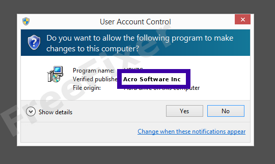 Screenshot where Acro Software Inc appears as the verified publisher in the UAC dialog